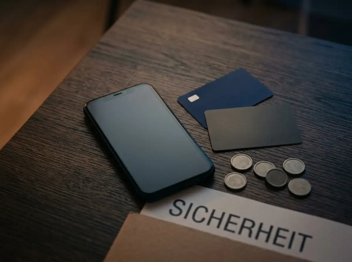 Smartphone neben abstrakten Karten- und Münzformen auf einer Tischfläche
