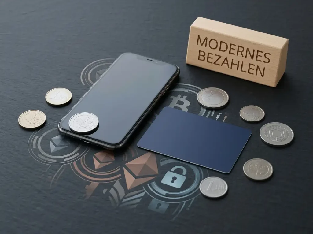 Neutrale Arbeitsfläche mit Smartphone, Bankkarte und abstrakten Digitalmünzen