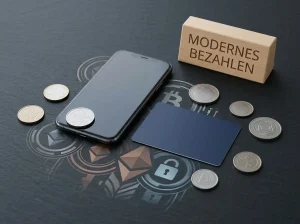 Neutrale Arbeitsfläche mit Smartphone, Bankkarte und abstrakten Digitalmünzen