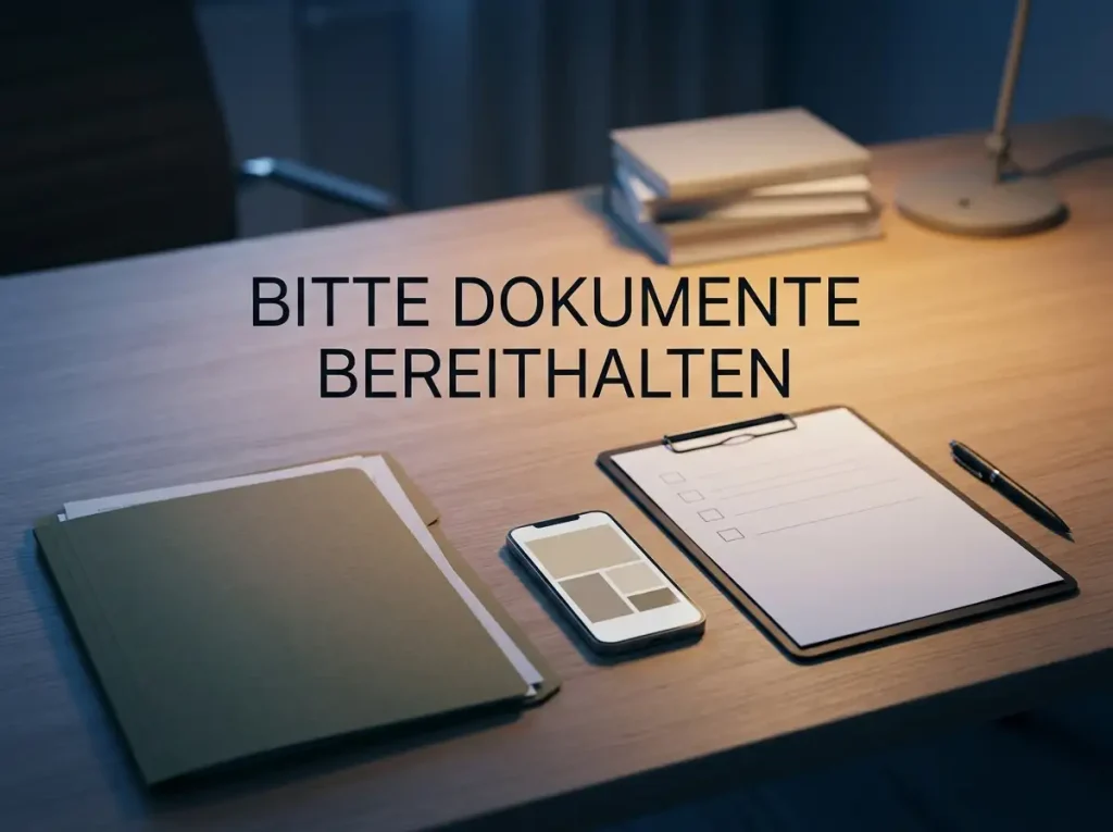 Ordentlich arrangierte neutrale Ausweismappe, Smartphone und Dokumente auf einem Schreibtisch