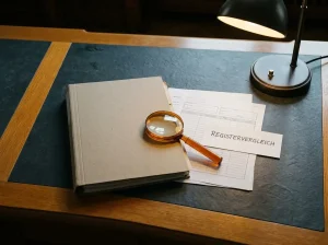 Neutraler Schreibtisch mit Dokumenten, Registermappe und Leselampe